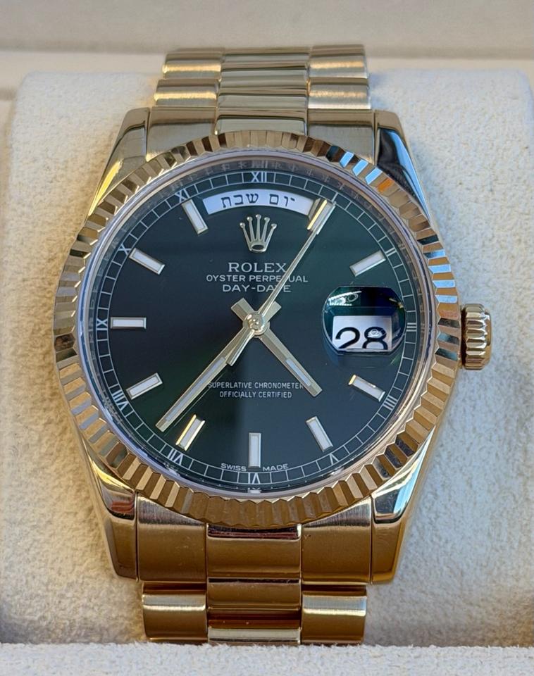 Rolex Day-Date 36 118238 Hebrew Day Wheel Green Dial